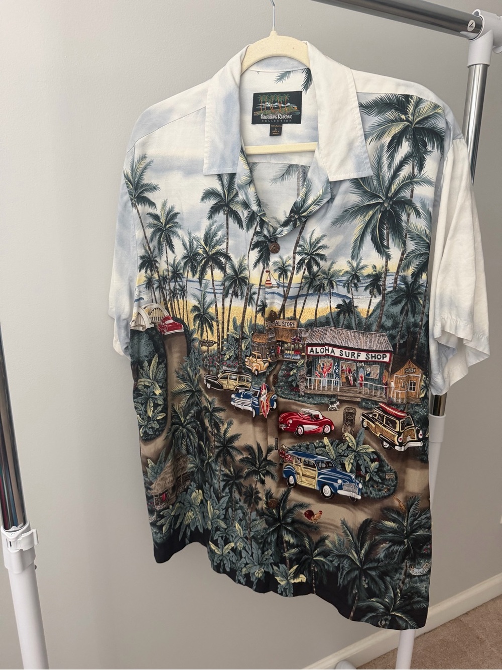 Hawaiian Reserve Collection  Shirt Aloha Surf Shop" and classic woody car beach
